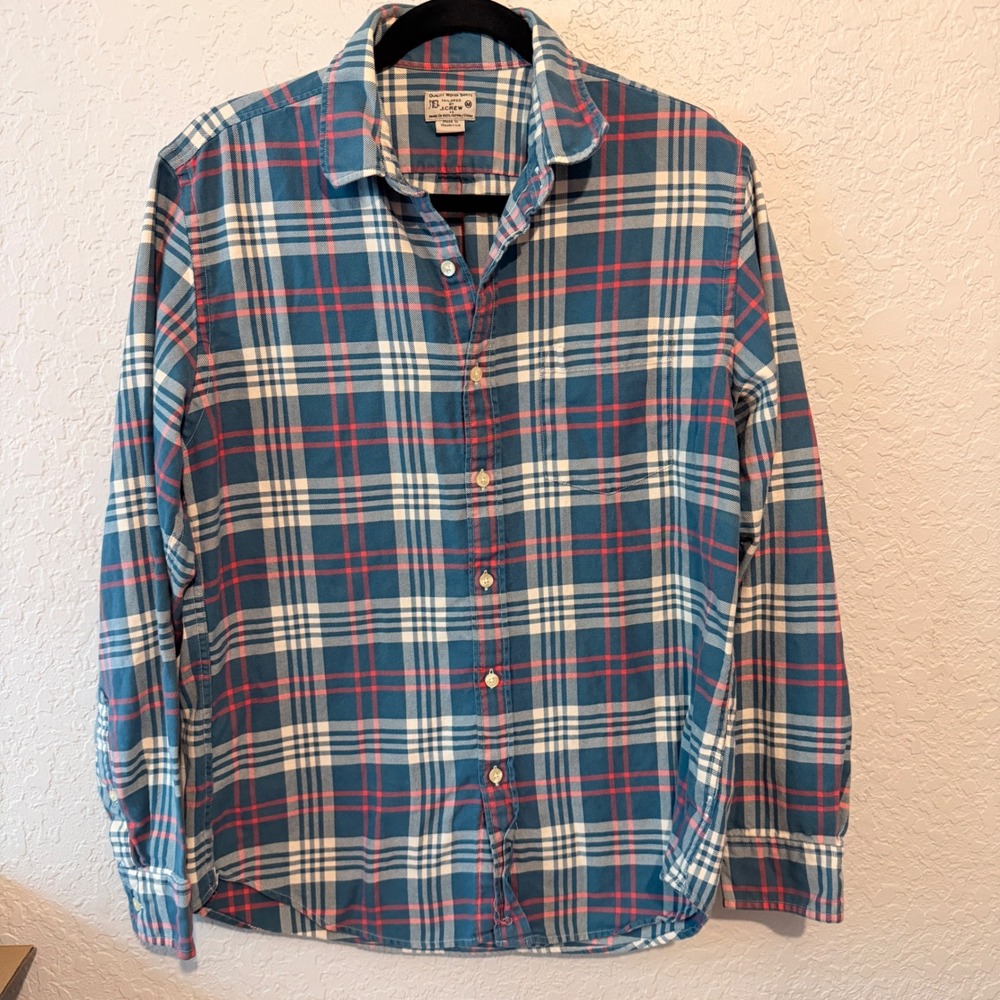 J. Crew Tailored Plaid Button Down Shirt Medium Vintage Preppy Casual Blue Red
